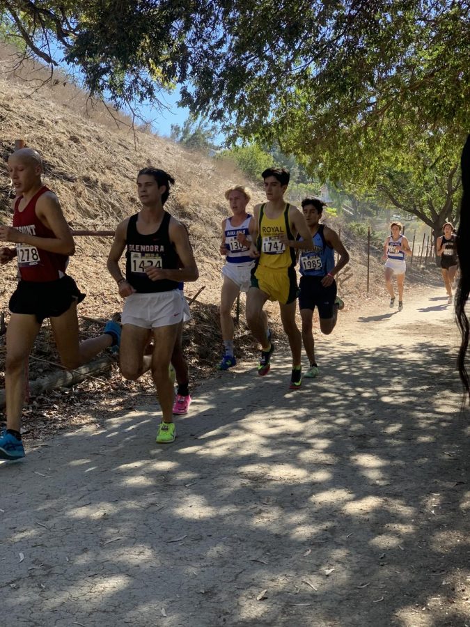 Junior Jonah Bazerkanian top school runner who won eighth in state runs beside Chriss Cole from Claremont and John Sesteaga from Gledora before entering the hardest part of the course, the switch backs. 