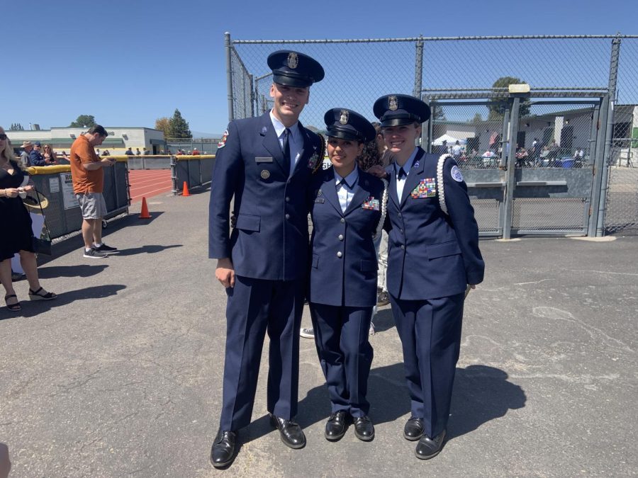 Senior Cadets Matthew Schwarz, Tristin Martinez, and Caitlin McClintock after an event packed Pass in Review. This event was filled with a Change of Command, marching competitions, club performances, and awards.