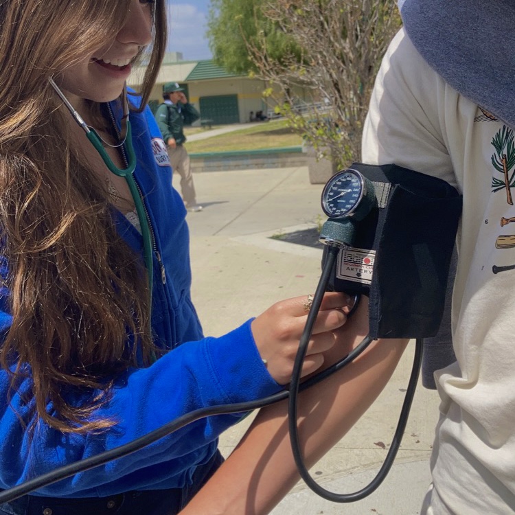 Sophomore Cassady Woolley and freshman Cooper Orme demonstrate how to measure blood pressure in Mr. Boians forensic biology class. 