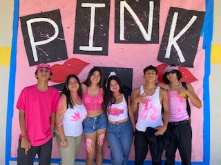 Students gather together all in pink to click a pic.