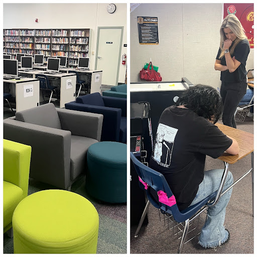 Student sitting in a broken chair, compared to the newer couch in the library.