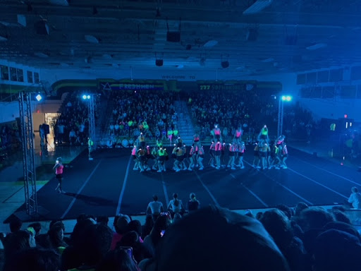 Cheer performing under the LED lights during our first rally of the year.