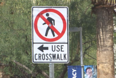 Jaywalking sign in Simi Valley prior to the new jaywalking law. Starting January 1, the Freedom to Walk Act officially became law, allowing pedestrians in California to jaywalk without fear of a ticket, as long as its safe.