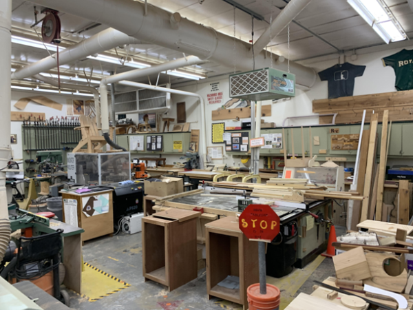 The wood shop before students arrive to work on their box.
