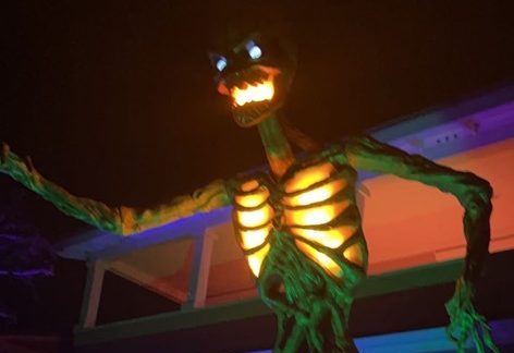 A 13 foot light up skeleton in front of one of the houses.