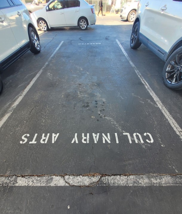 Current ‘Culinary Arts’ reserved parking space, similar to a new senior reserved parking spots.