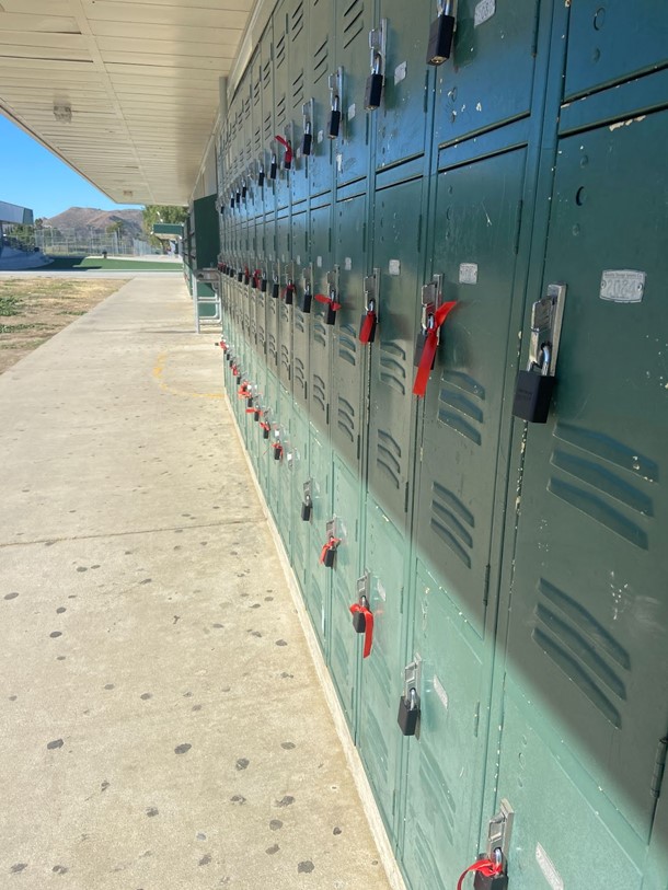 Lockers with red ribbons in honor of Enrique (Kiki) Camarena. 