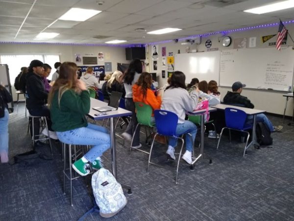 Ms. Favreau’s second period using the new chairs, desks and couches. The new desks and chairs are much better than the old combo desks (chair attached to desk) that can be so uncomfortable.
