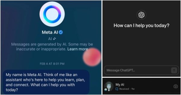 Popular AI chatbots that are accessible on social media platforms and online, Instagram, ChatGPT, and Snapchat.