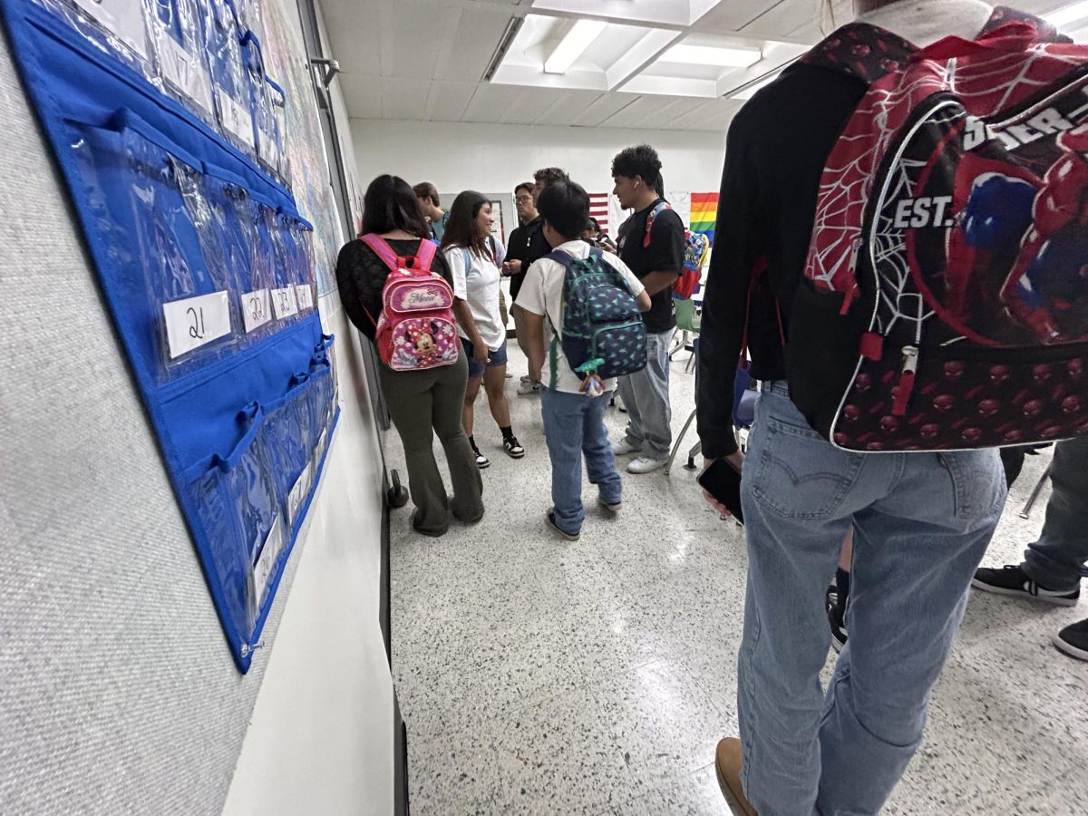 Seniors wearing their kid-spirited backpacks in class.