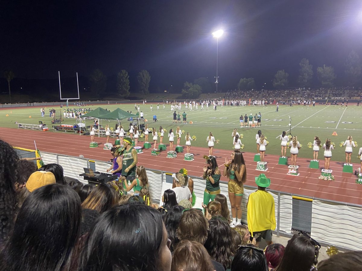 The student section cheering loudly for our varsity team against the Pioneers.