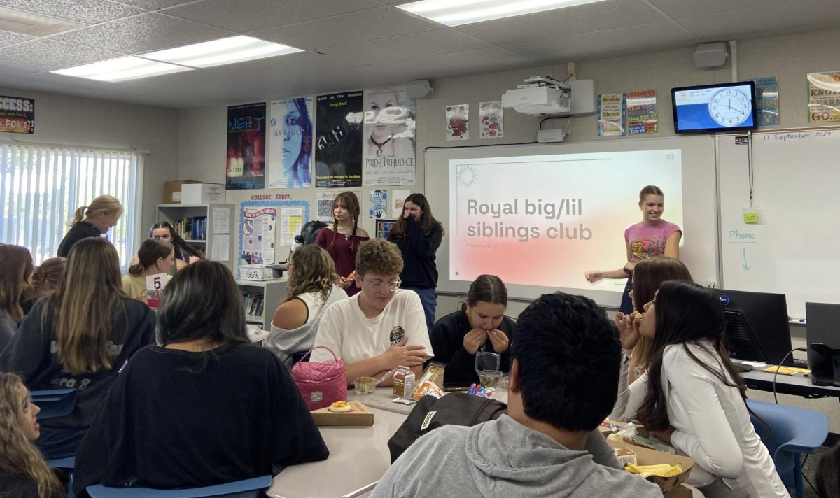 Juniors Ivy Roessell, Mary Quezada, and Kennedy Green presenting Big Lil Siblings Club to students. 