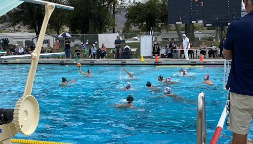 The boys varsity water polo team playing valiantly against Camarillo.