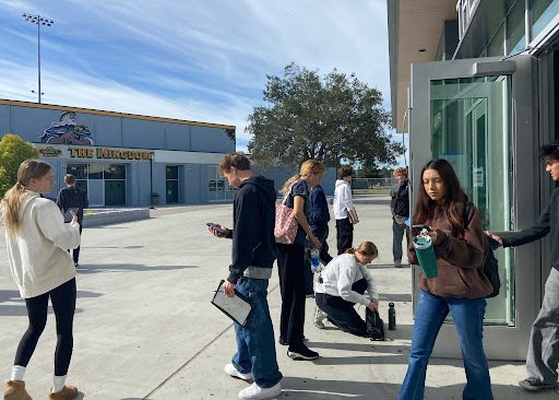 Students exiting the MPR after taking the PSAT.