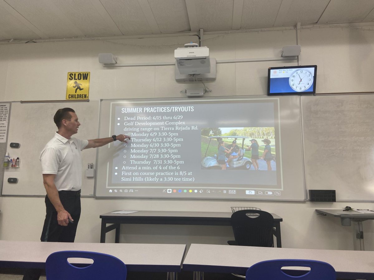Coach Letus displaying the dates for summer practices for all new and returning athletes,