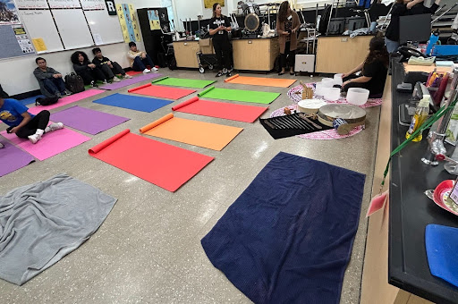Sound bath instruments like bowls, chimes, and gongs set up on the floor before the anatomy class session on May 5.